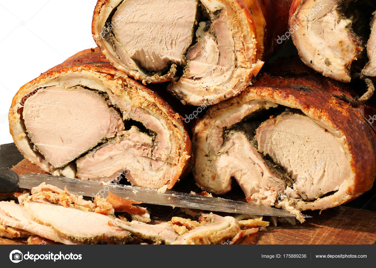 Cooked pork meat called PORCHETTA in Italian for sale in the str