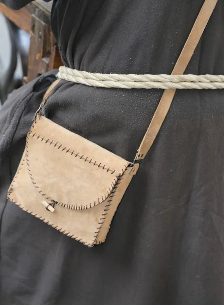 Friar with leather handbag with and a brown wax — Stock Photo, Image