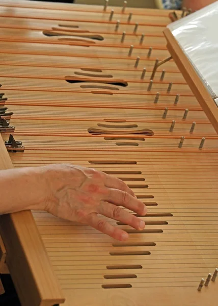 Hand of an old cithara player with lots of strings — Stock Photo, Image