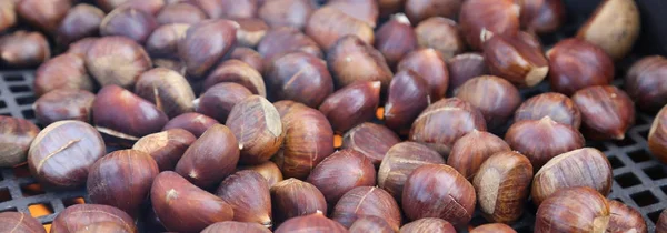 Castanhas assadas cozidas sobre a grelha quente no dia frio de outono — Fotografia de Stock