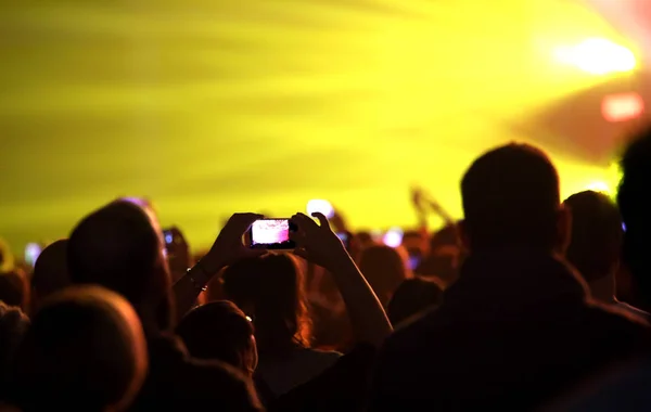 Personas en concierto en vivo y una chica con smartphone — Foto de Stock
