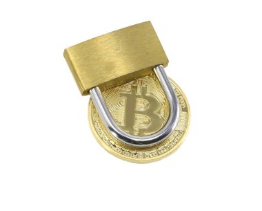 kapalı asma kilit ve bir altın bitcoin