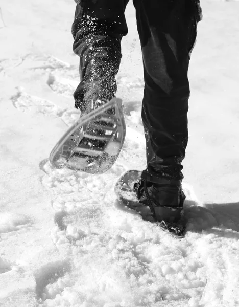 Uomo corre con le ciaspole in montagna effetto bianco e nero — Foto Stock