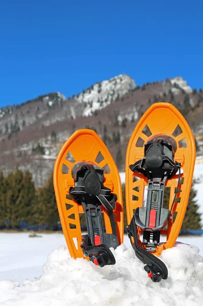 两个橙色的穿雪鞋在冬天在山上 — 图库照片