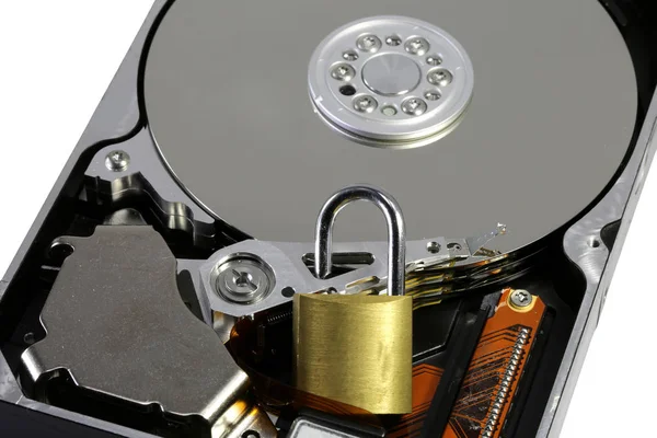 White background and hard disk of a computer with the padlock to — Stock Photo, Image