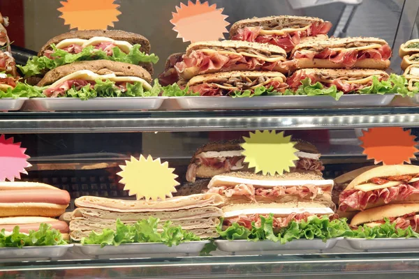 Stuffed sandwiches for sale at bar — Stock Photo, Image