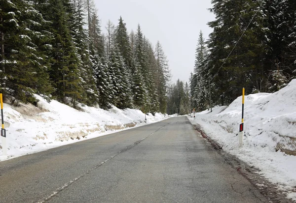 Estrada escorregadia congelada na montanha com pinheiros de abeto e outro conif — Fotografia de Stock