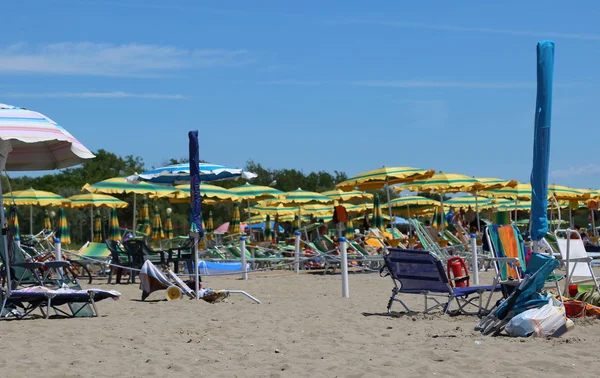 Sea beach in summer with umbrellas — Stock Photo, Image