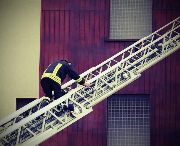 Один пожарный на воздушной лестнице с винтажным эффектом — стоковое фото
