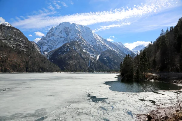 Frozen Little Alpine Lake Called Lago Del Predil Italian Language — Stock Photo, Image