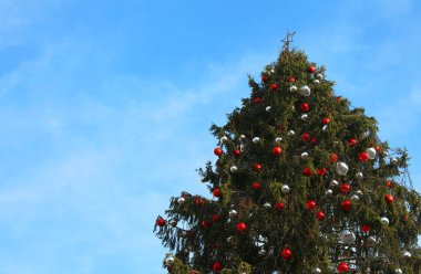 Süslemek için Noel Baloları ve büyük bir Noel köknarı