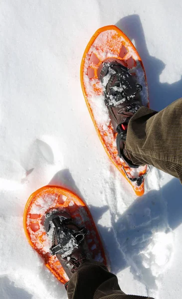Adam beyaz kar üzerinde kar ayakkabıları ile kadife pantolon — Stok fotoğraf