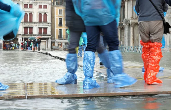 威尼斯人行天桥上的人在创纪录的洪水中的智慧 — 图库照片