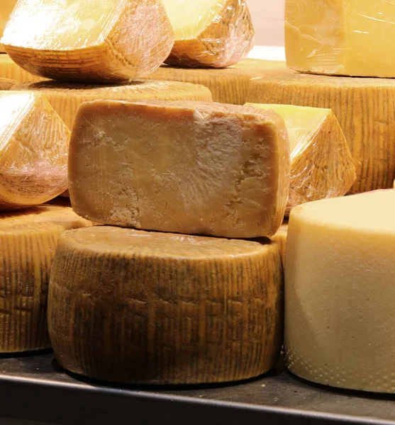 Tienda de lácteos con muchos quesos llamados Pecorino en lengua italiana —  Fotos de Stock