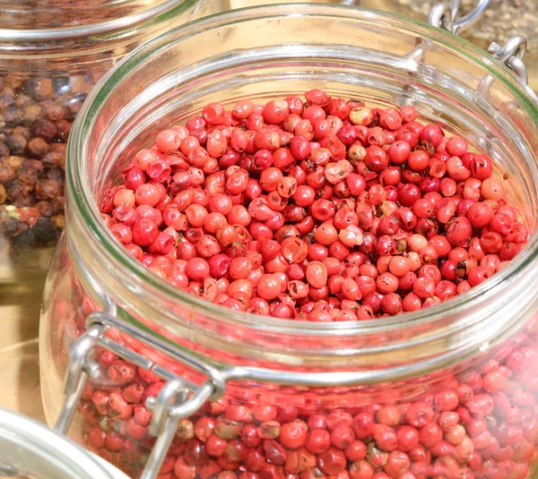 Red peppercorns in the jar — Stock Photo, Image