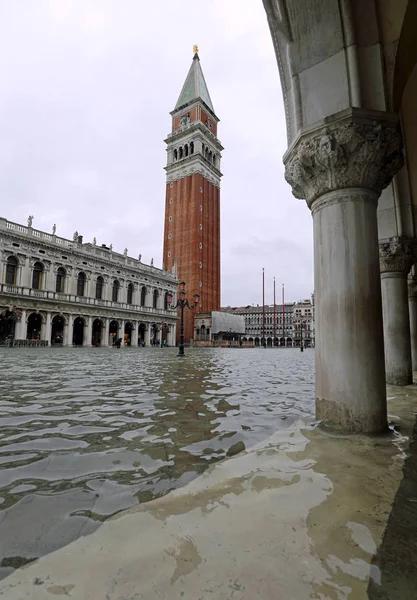 Campanile a Venezia e l'acqua in piazza — Foto Stock