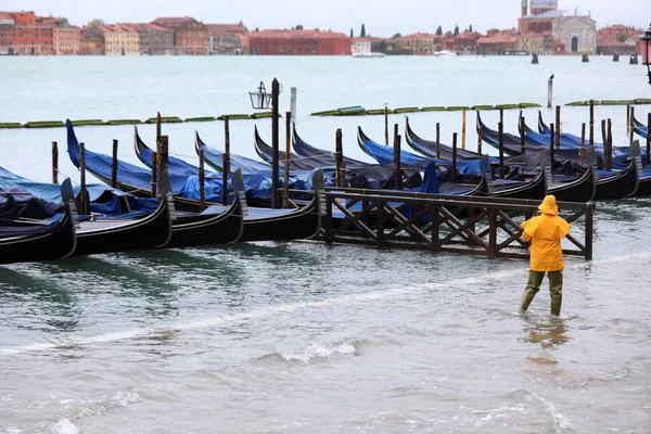 Moored gondolas boats and a man in yellow in Venice Italy — Stock Photo, Image