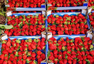 Meyve pazarında satılık kırmızı çilekler