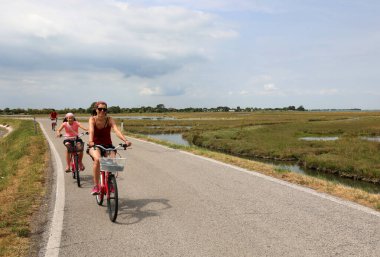 Neşeli bir aile sıcak bir yaz sabahı bisikletle yeşil tarlalarda gezintiye çıkıyor.