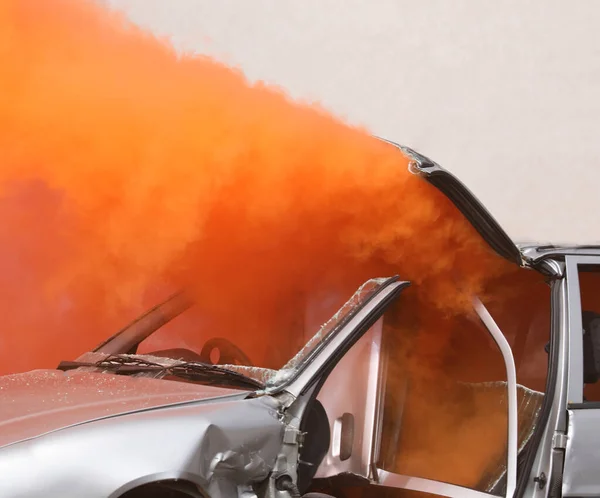 Orange Smoke Coming Out Car Damaged Road Accident — Stock Photo, Image