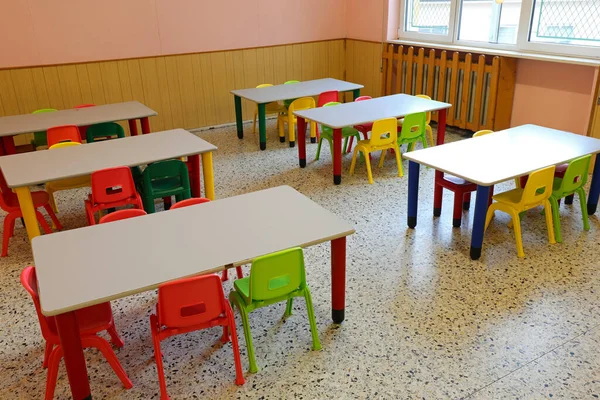 Sillas Pequeñas Mesas Una Clase Sin Niños Que Estaban Casa — Foto de Stock