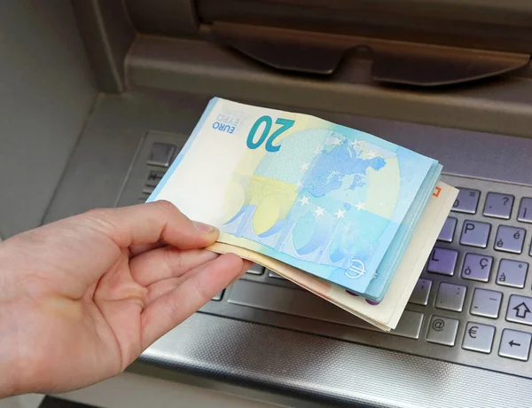 Young Man Takes Banknotes Euro Hand Atm Europe — Stock Photo, Image