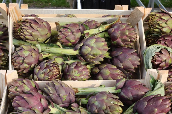 Pełne Pudełka Świeżych Artichokes Sprzedaż Warzywniaku Stragan Rynku Lokalnym — Zdjęcie stockowe