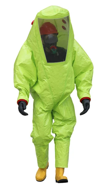 白い背景にウイルスや細菌との感染を避けるために黄色の保護スーツと特別なゴムブーツ — ストック写真