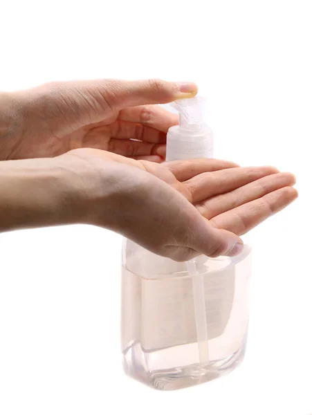 Two Hands Young Girl While Using Antibacterial Gel Dispenser Disinfection — Stock Photo, Image