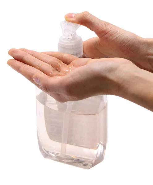 Girl Uses Antibacterial Gel Hand Disinfection White Background — Stock Photo, Image