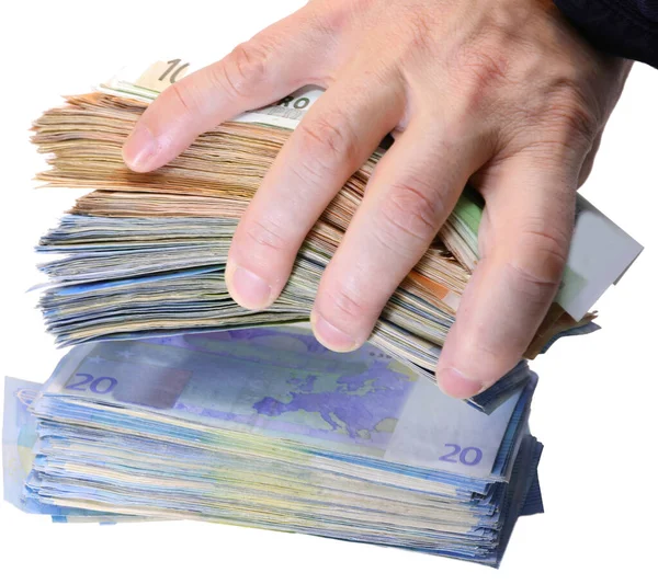 Kéz Fog Egy Halom Pénzt Európai Bankjegyekben Fehér Alapon — Stock Fotó