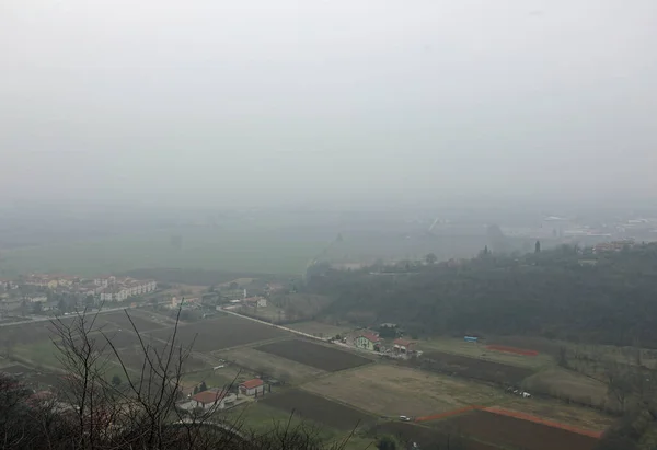 Panorama Incroyable Plaine Submergée Par Brouillard Dense Pendant Une Journée — Photo