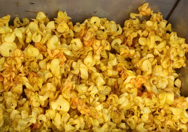 Many Yellow Fried Fries Sale Street Food Stall — Stock Photo, Image