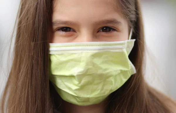 Young Girl Long Brown Hair Wears Surgical Mask Protect Herself — Stock Photo, Image