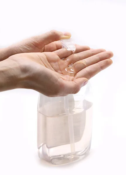 Two Hands Girl While Using Antibacterial Gel Dispenser Disinfection White — Stock Photo, Image