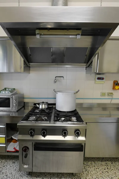 Inside an industrial wide Kitchen with big Pot