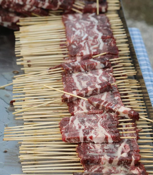 Skewers Raw Lamb Mutton Called Arrosticini Italian Language Restaurant Cooking — Stock Photo, Image