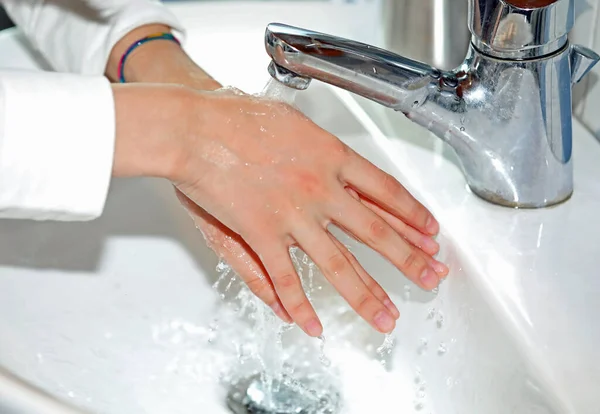 Thorough Washing Girl Hands Sink Water Coming Out Tap — Stock Photo, Image