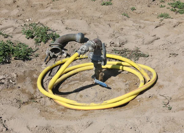 旱季夏季灌溉耕地用的黄色橡胶软管 — 图库照片