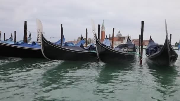Boog Van Gondels Typische Boten Voor Toeristen Venetië — Stockvideo
