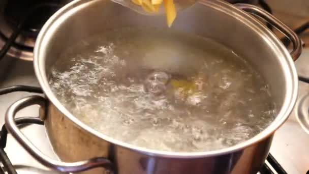 意大利面在锅里的开水里放在厨房里 — 图库视频影像