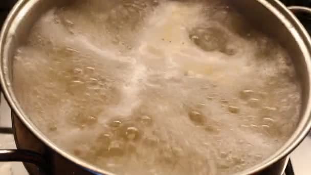 Cocinero Quita Tapa Olla Con Pasta Agua Hirviendo Cocina — Vídeo de stock