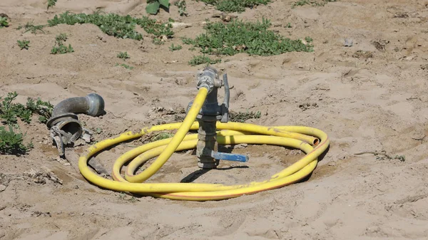 Gumová Hadice Pro Zavlažování Obdělávaného Pole Během Léta Období Sucha — Stock fotografie