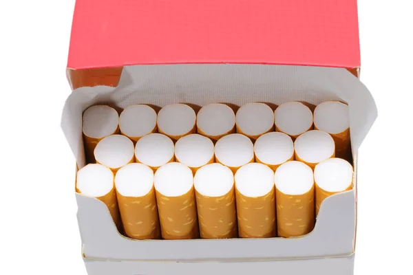 Mnoho Filtrovaných Cigaret Právě Otevřeném Balení Bílém Pozadí — Stock fotografie