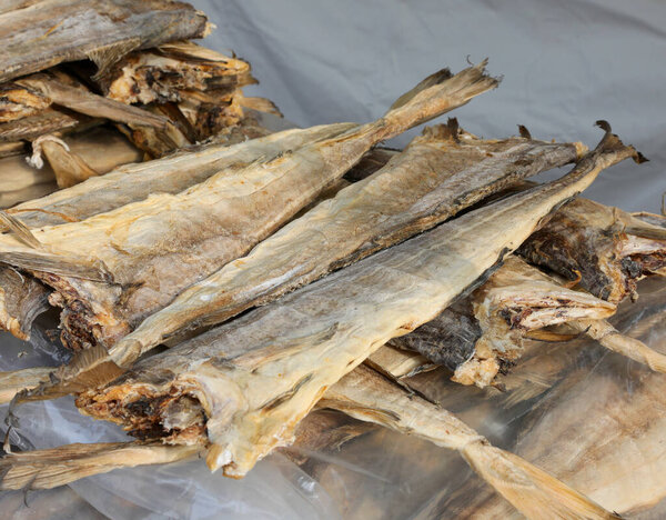 dried cod stockfish for sale in the fish market in europe