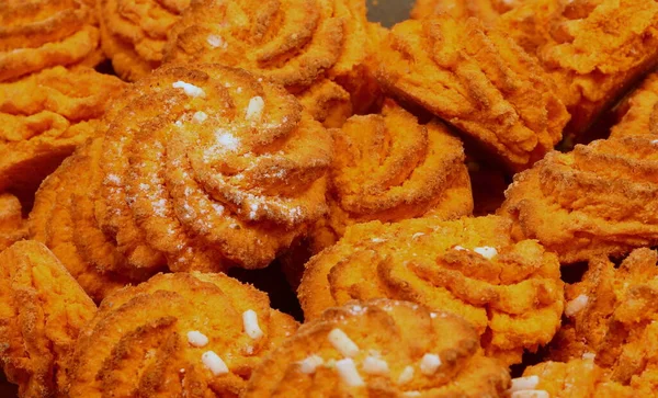 Φόντο Αποξηραμένων Μπισκότων Ψημένων Στο Φούρνο Λίγη Ζάχαρη Στην Κορυφή — Φωτογραφία Αρχείου