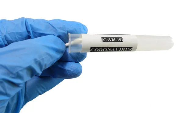 Éprouvette Avec Tampon Médecin Pour Analyse Coronavirus Main Avec Gant — Photo