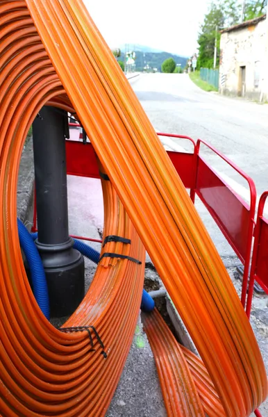 Câble Fibre Optique Pendant Les Travaux Routiers Dans Ville — Photo