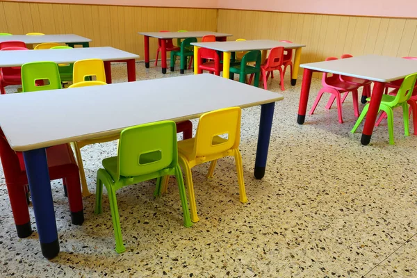 Interno Una Classe Scolastica Con Scrivanie Vuote Senza Bambini Causa — Foto Stock