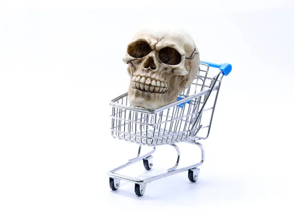 Human Skull Clearly Visible Teeth Shopping Cart White Background — Stock Photo, Image